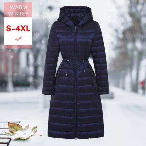 Women Long White Duck Down Jacket Female Ultra Light Slim Warm feather Coat with Hooded Portable Lightweight Coat Good Quality