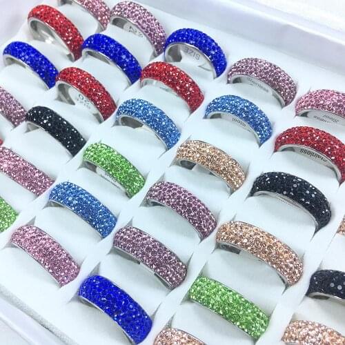 Fashion 20pcs/Lot Five Rows Full Rhinestone Stainless Steel Multi-colors Jewelry Rings for Women Wedding Engagement Band Rings