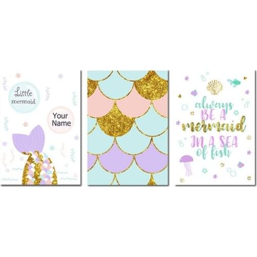 Custom Name Poster Mermaid Baby Nursery Quotes Wall Art Canvas Painting Print Nordic Kids Decoration Picture Girls Bedroom Decor