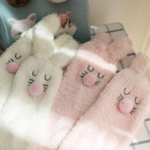 2 Pair Ladies Bed Socks Pink Rabbit Women Floor Socks Fluffy Warm Winter Coral Velvet Christmas Sokken Elk Women Calcetine Mujer