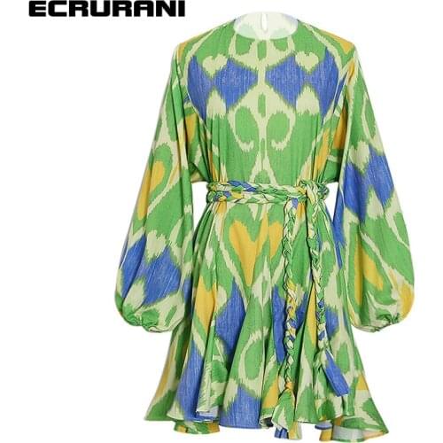 ECRURANI Print Casual Dress For Women O Neck Lantern Long Sleeve High Waist Mini Hit Color Pleated Dresses Female 2021 New Style