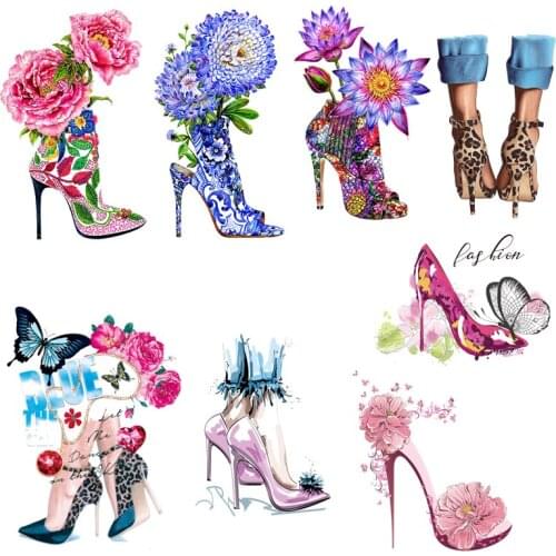 Iron On Fashion Crystal Shoes Heat Transfer For Clothes Beautiful High Heels Transfer Washable For DIY T-shirt Sweater Appliques