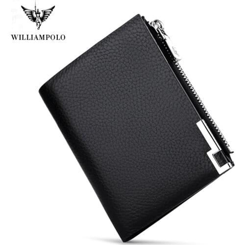 WILLIAMPOLO Men Wallets Male Purse Genuine Leather Wallet with Coin Pocket Zipper Short Credit Card Holder Wallets Leather