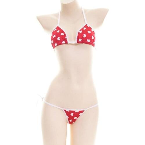 Japanese Sexy Lingerie Lolita Kawaii Small love Heart Print Mini Bikini Adult Cosplay Erotic Costumes Bra Women Underwear Set