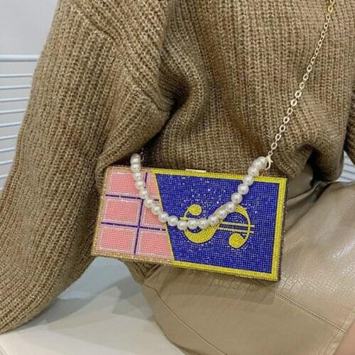 Pooflower Lady Wedding Party Diamond Money Purse Pearl Beaded Chains Mini Shoulder Bag Chocolate Crystal Evening Hand Bag ZH307