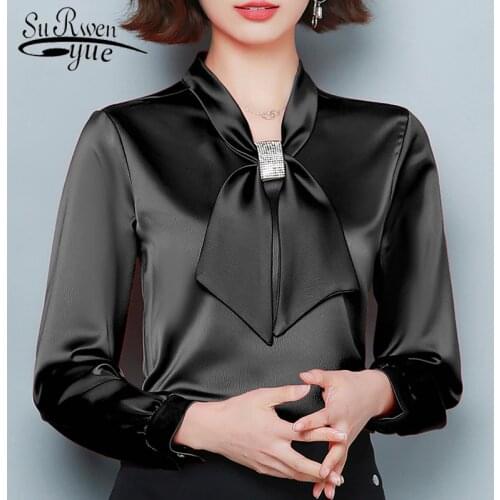 Korean Fashion Clothing Solid Loose Long Sleeve Women Tops and Blouses 2020 Spring Bow Silk Clothes Office Lady 8493 50