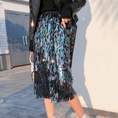 2019 New Summer Fashion Sequins High Waist Skirts With Sequins Tassel Ladies Sexy Club Skirt