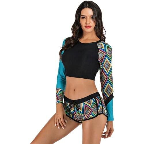 Women Rash Guard Patchwork Long Sleeve Crop Top Sunshade Quick Drying Two Piece Beach Surfing Diving Bathing Suit Swimsuit