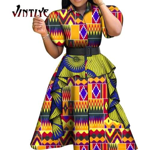 African Style Women Dresses Floral Print Shirt Dress Puff Sleeve Knee Length Dashiki Dresses Patchwork Ruffle Without Belt WY651