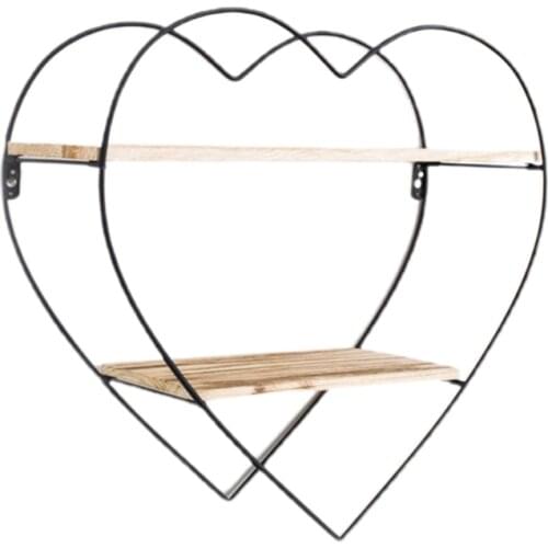 2 Layer Floating Shelf Black Heart Shelves ,Wall-Mounted Metal Heart Wooded Rack Organizer Storage Farmhouse Design