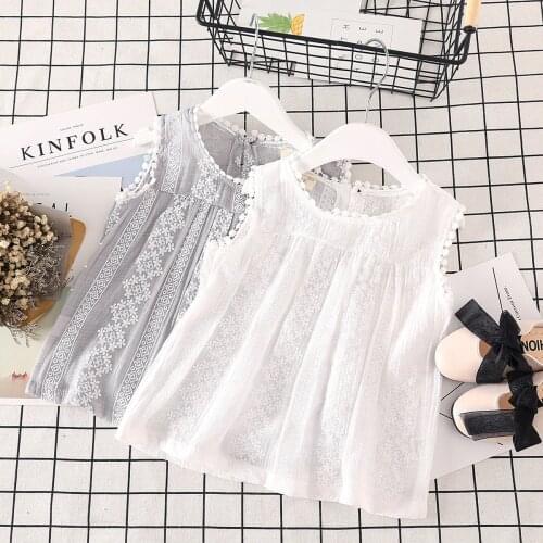 2019 summer new sweet girls lace sleeveless T-shirt childrens solid color T-shirt