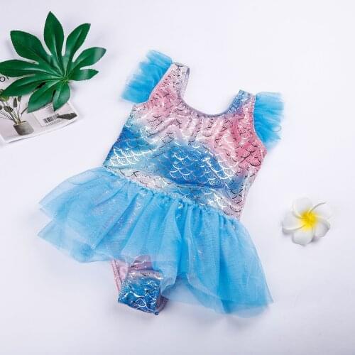 2021 Summer Kids Cute Swimsuits Girls Fish Scale Print Round Neck Fly Sleeve Bathing Suit for Summer Beach Vacation