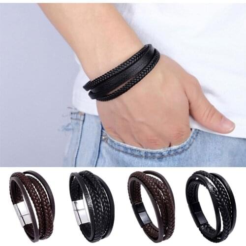 2021 Mens Leather Bracelet Woven Leather Rope Hand-Woven Jewelry Gifts Black Brown Double-layer Design DIY Customization Female