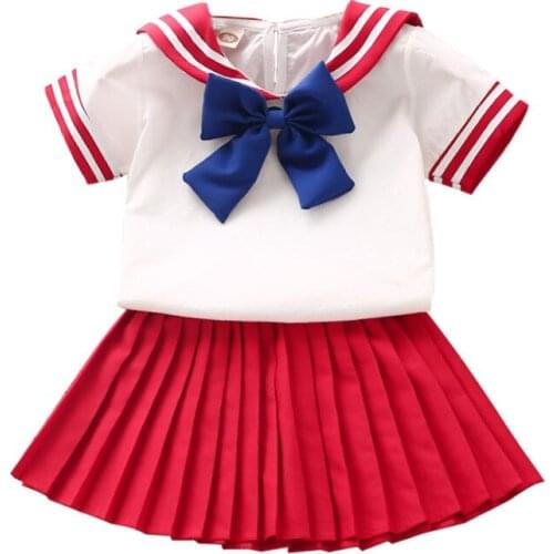 2021 New Girls' Summer Dress With Bowknot Short-Sleeved Shirt Navy Wind Take Waist A-Line Pleated Skirt Two-Piece Suit 2-6 y