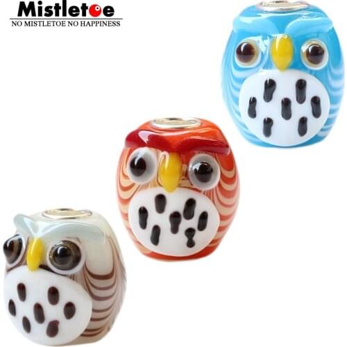 925 Sterling Silver Large Hole 3D Colorful Animal Wise Owl Murano Glass Charm Beads Fit European Bracelet Jewelry