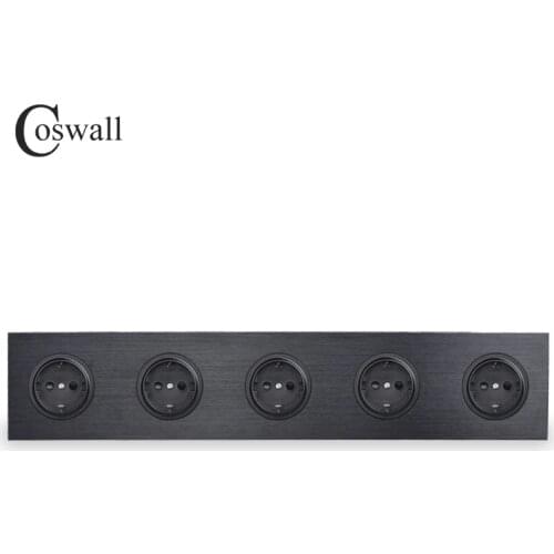 Coswall Black / Silver Grey Brushed Aluminum Metal Panel Quintuple EU Russia Wall Socket Grounded With Children Protective Door