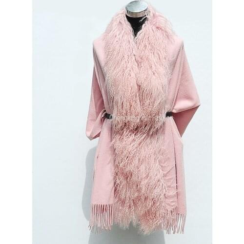 CX-B-P-04D Womens Winter Fashion 100% Wool Shawl With Real Lamb Fur Trim