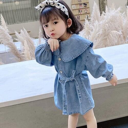 Spring Autumn Girls' Dress Lapel Button Belt Denim Long Sleeve Dress Baby Kids ChildrenS Clothing For Girl