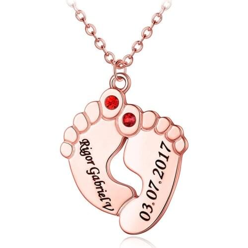 Custom Necklace With Birthstone Engraved Name Twins Necklaces For Women OжерельеBaby Feet Pendant Necklace Collier Femmeкулон