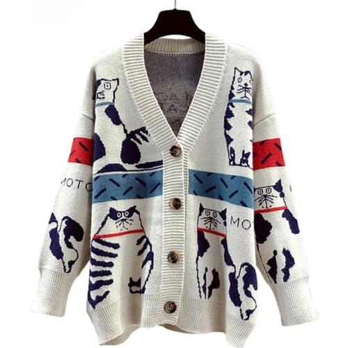 Quanss Autumn Winter V Neck Knit Cardigan Coat Female Korean Fashion Cartoon Cat Print Womens Sweater Long Sleeve Knitwear 2021