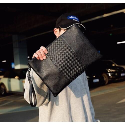 Classic Business Men Clutch Bag Soft Leather PU Large Capacity Slim Envelope Hand Bag Knit Design iPad Purse Wristlet Wallet