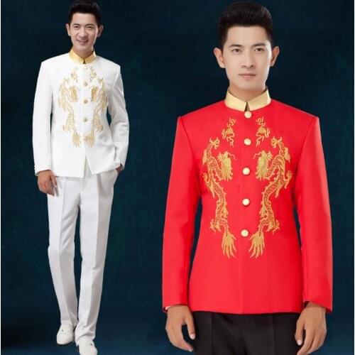 Chinese style national clothing for men suit set pants embroidery mens wedding suits stand collar groom formal dress white red