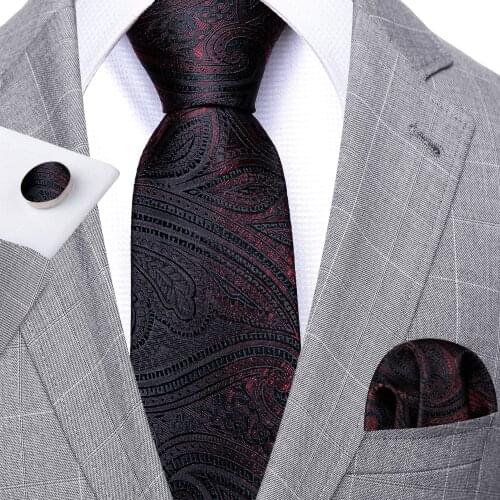 Fashion Black Red Paisley Men Tie Set 8.5cm Silk Jacquard Neckties Wedding Business Handkerchief Cufflink Tie Barry.Wang FA-5316