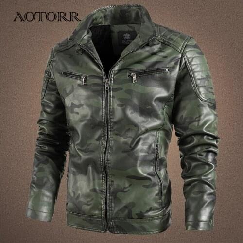 Camouflage Leather Jacket Men Winter New Fashion Motorcycle Mens PU Leather Jackets Cool Zipper Pockets Stand Collor Mens Coats