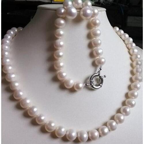 Pearl Jewelry Set White Color 9-10mm Cultured Freshwater Pearl Necklace Bracelet Earrings Birthday Wedding Jewelry