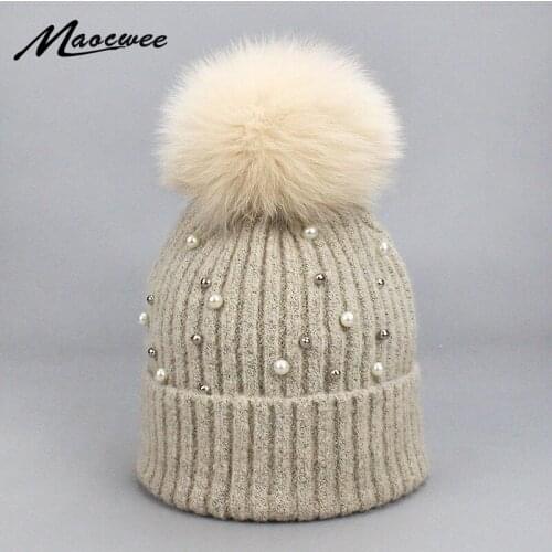 New Knitted Women Beanies Hat Fur Pompom Paillette pearl Hat Winter Female Girl Keep Warm Beanie Cap Chapeu Feminino Pom Pom Hat