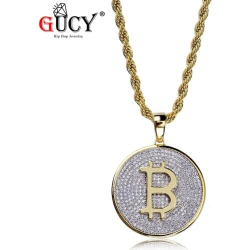 GUCY Gold Color All Iced Out Round Micro Pave Cubic Zircon Big Bitcoin Pendant Necklace Hip Hop Jewelry For Men Women Gift