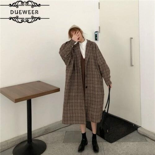 DUEWEER Wool Blends Women Oversize Plaid Khaki Pockets BF Ins Retro Vintage Ulzzang Cozy Simple Fashionable Casual Long Coat