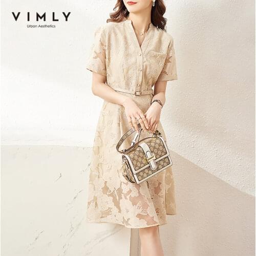 VIMLY Summer Dresses For Women Elegant V Neck Floral Dresses Office Lady Sashes Organza Maxi Dress Women Female Vestidos F7670
