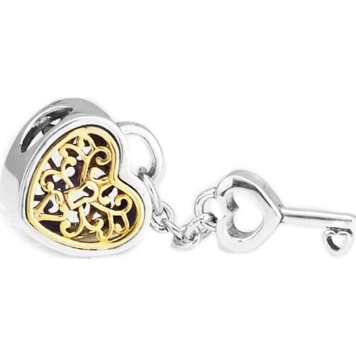 Fits For Pandora Bracelets Lock of Love Charms with 14K Real Gold 100% 925 Sterling-Silver-Jewelry Beads Free Shipping