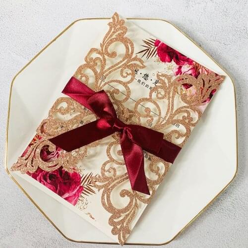 50X Rose Gold Glitter Wedding Invitation with Ribbon and Envelope DIY Printable Cards For Birthday Party Favor