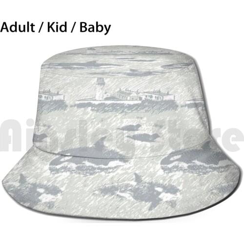 Da Shore Side - Mist Sun Hat Foldable UV Protection Shetland Orcas Whales Killer Whales Seals Lighthouse Sea Ocean Costal