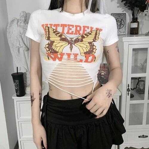 Crop Top Self Cultivation Retro Butterfly Printing Hollow Out Personality Exposed Navel Summer T-Shirt