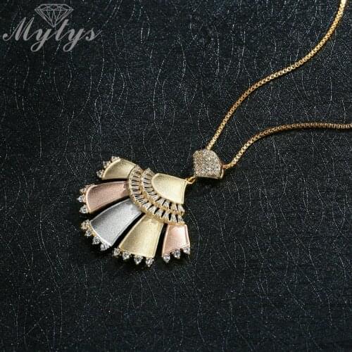 Mytys Three Tone Gold Sandblast Petals Pendant Necklace for Women AAA+ Zircon High Level Elegant Jewelry Gift for Mother CN403