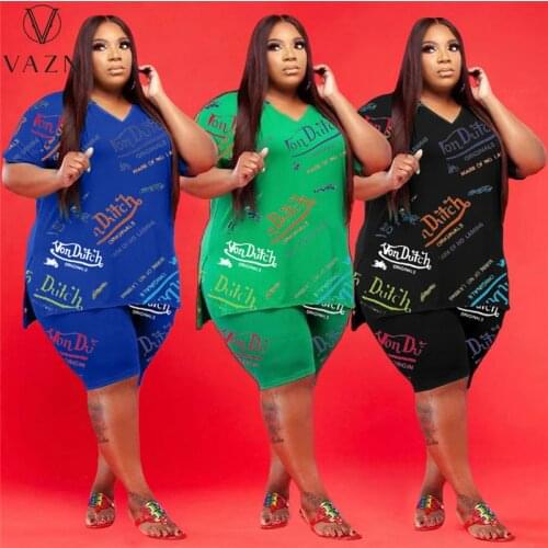 VAZN 2021 Plus Size Summer Boho Short Sleeve Letter Suitable Energetic Casual Elegant Women Shorts 2PCs Set Ladies Women Suits