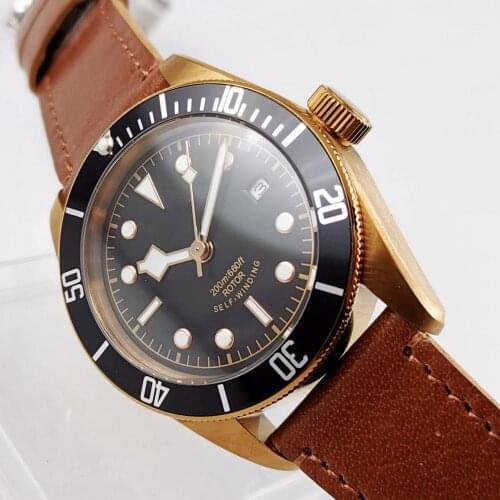 Japan NH35A Automatic Men Watch 41mm Bronze Coated Case Date Sapphire Glass Rotating Bezel Leather Strap Luminous Hand