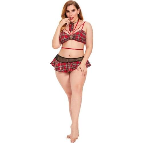 Women Plaid Lingerie, Bandage Underwear, Wrapped Deep Neck Hanging Bra Low Waist Mesh Skirt with Necklace