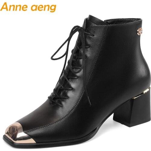 2019 New Winter Genuine Leather Women Ankle Boots High Square Heel Lace-Up Metal Elegant Women Shoes Black Female Short Boots