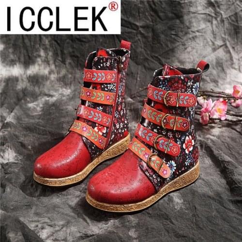 Womens Short Boots Genuine Leather Printing Bare Boots Round Head Flat Womens Shoes National Chelsea Boots Vintage Roman Boots