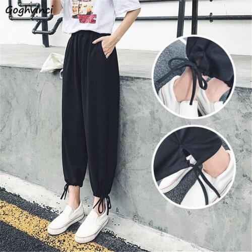 Women Casual Pants Pockets Design Baggy Ankle-length Wide Leg Trousers Tie Feet Streetwear Ulzzang Chic Bottoms Plus Size S-3XL