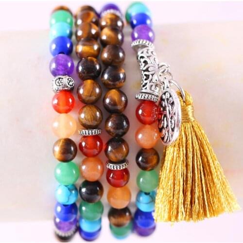 Women Long Bracelet Natural Mala Gem Multi color Stones Round Bead Tassel 7 Chakra Reiki Boho Necklace 27"