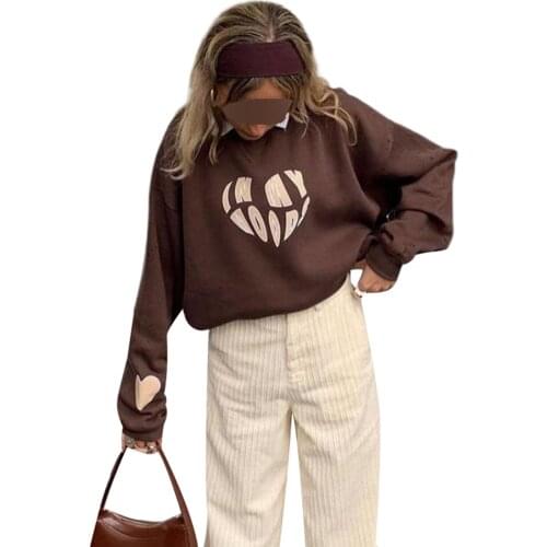 Women Loose Sweater Adults Casual Letter Print Long Sleeve Round Neck Pullover (Brown)