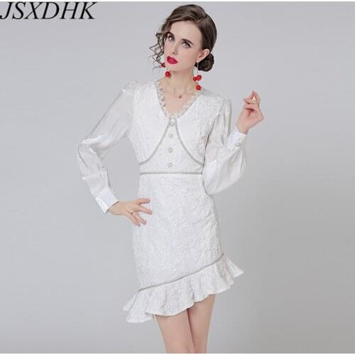 Fashion Autumn Lace V Neck Dress Korean Women Ruffles Pearl Button Patchwork Long Sleeve Irregular Mermaid Sexy Mini Party Dress