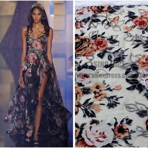 La Belleza 1 yard Chiffon beautiful Burning flower dress lace fabric 140cm width SN170804