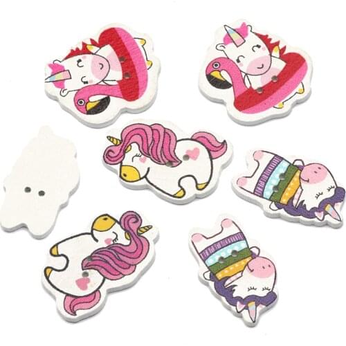 50Pcs Mixed Unicorn Wooden Buttons 2Hole Sewing Buttons For Clothing Crafts Scrapbooking Decoration DIY Needlework Accessories