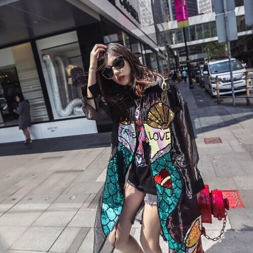 2019 Body Women Tops Spring And Summer New Trend Personality Perspective Net Yarn Sequins Patch Shirt Blouse Loose Street Wind